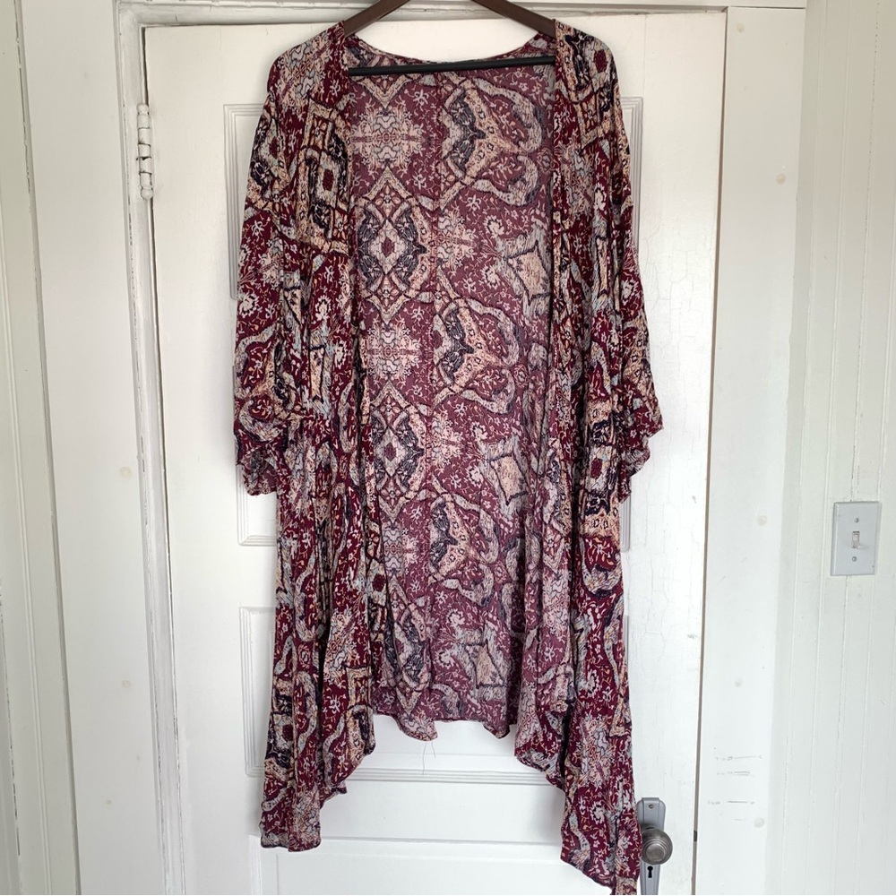 Kimono Cardigan Flowy Floral Burgundy Cream XL